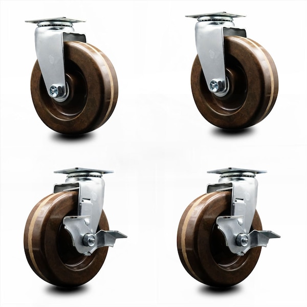 6 Inch High Temp Phenolic Swivel Caster Set with Roller Bearings 2 Brakes SCC